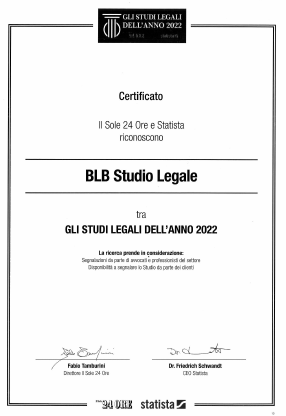 Certificato rilasciato da Il Sole 24 Ore e Statista che nomina BLB Studio Legale tra gli studi legali dell'anno 2022.