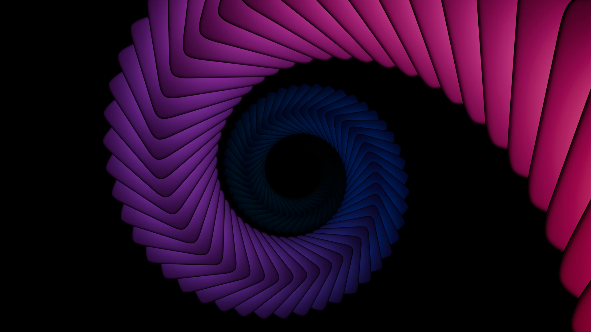 Un disegno astratto a spirale digitale con forme quadrate arrotondate ripetute che sfumano dal blu scuro al magenta.