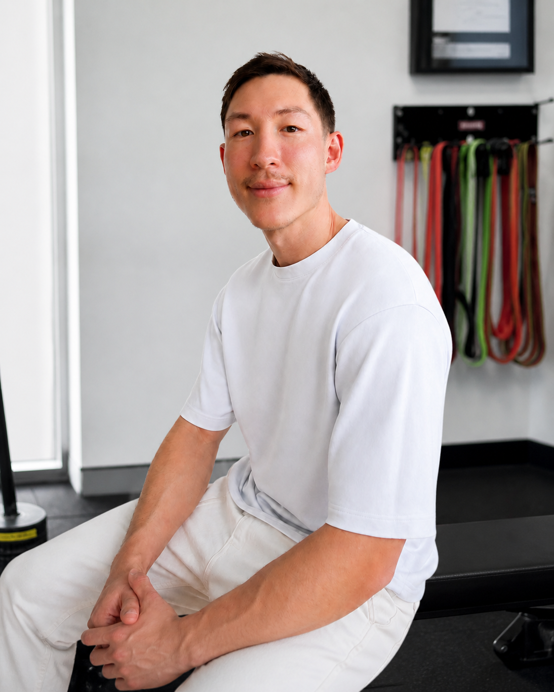 Man sitting on a bench in a gym, wearing a white shirt and light pants, with resistance bands in the background