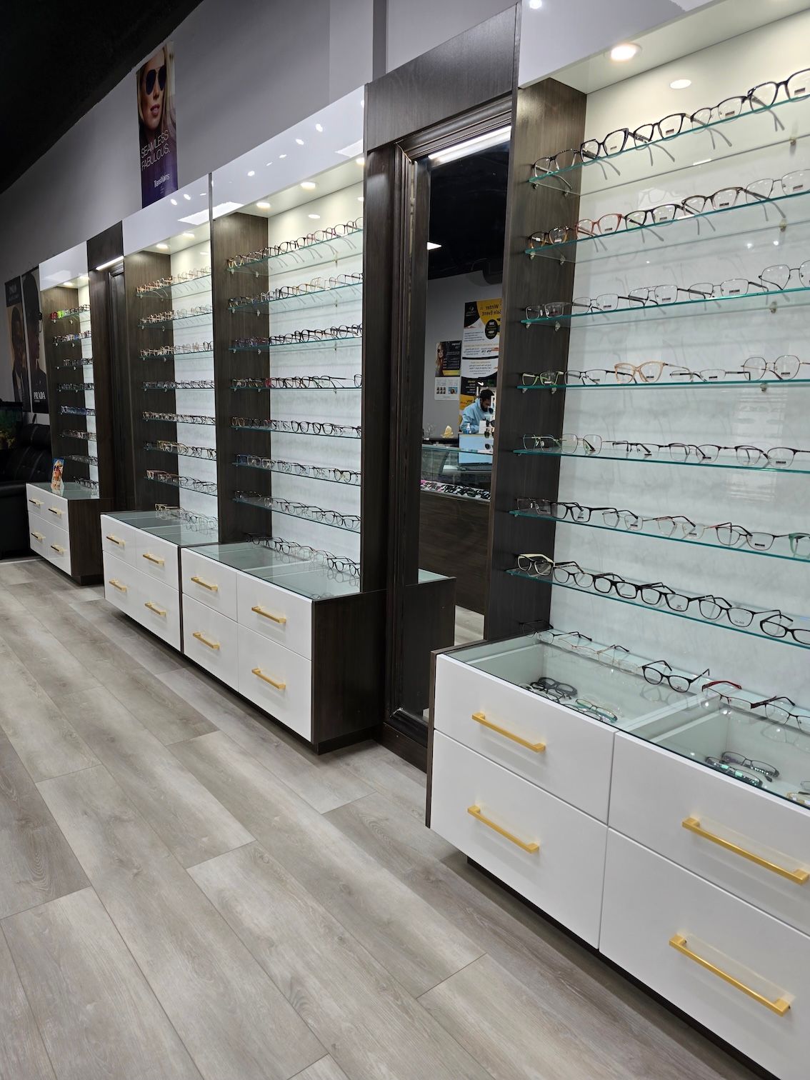 A row of glasses cases in an optical store.