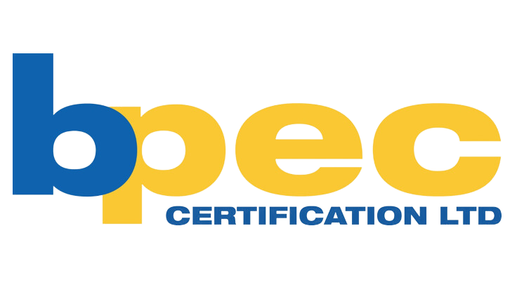 A blue and yellow logo for bpec certification ltd