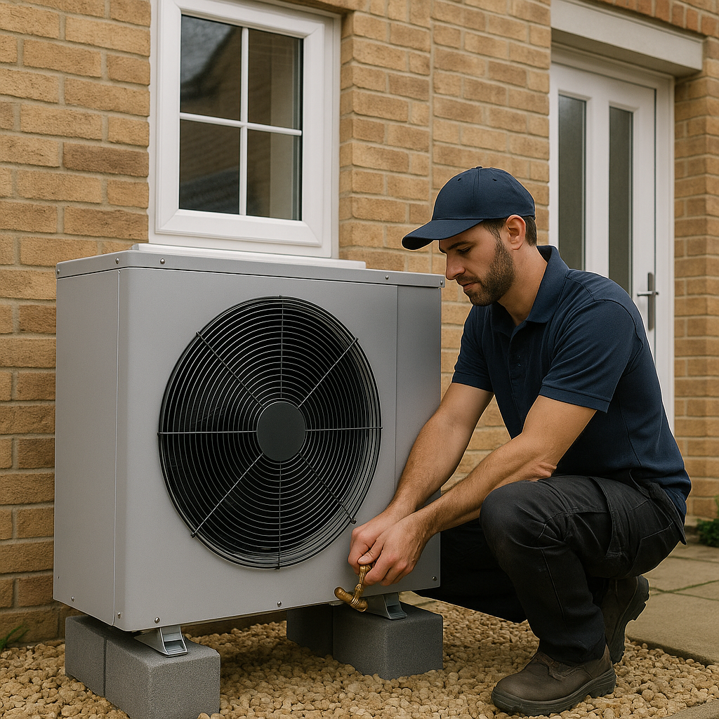 Man in cap working on an air source heat pump outside a brick house.