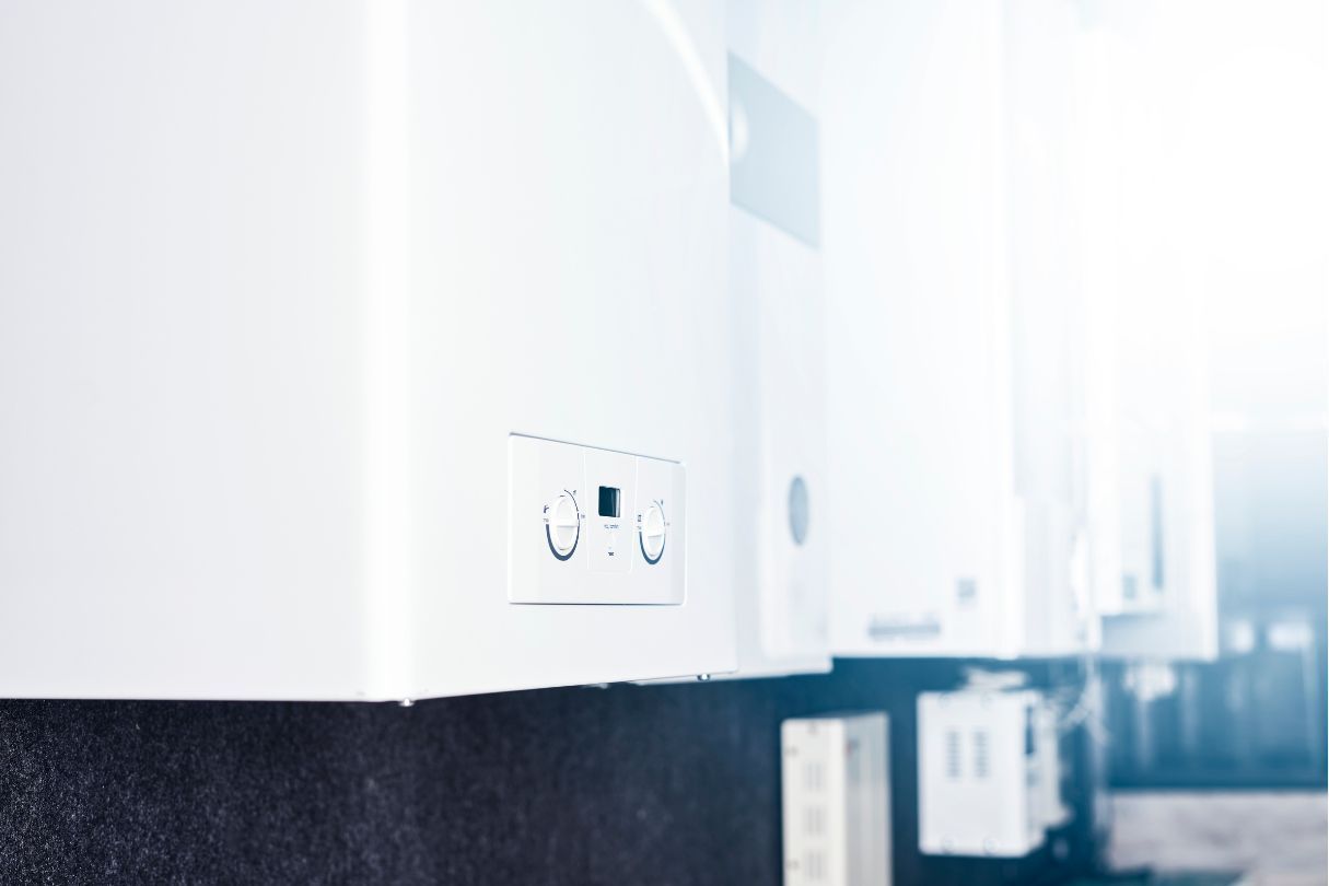 A row of white boilers in a boiler room, installed on a black wall.