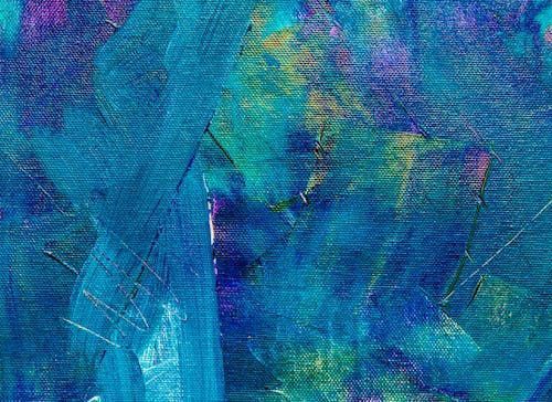 Abstract painting in shades of blue, turquoise, and purple with visible brushstrokes.