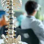 Spine model in foreground with blurred doctor and patient in a clinic setting