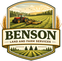 Logo: A red tractor in a field, "BENSON LAND AND FARM SERVICES" text, and wheat stalks.