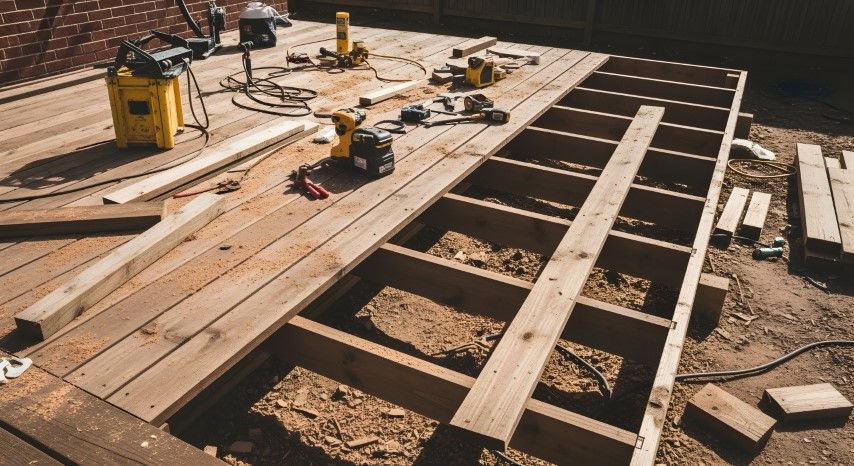 Wooden deck frame under construction with tools and lumber on a dirt worksite.