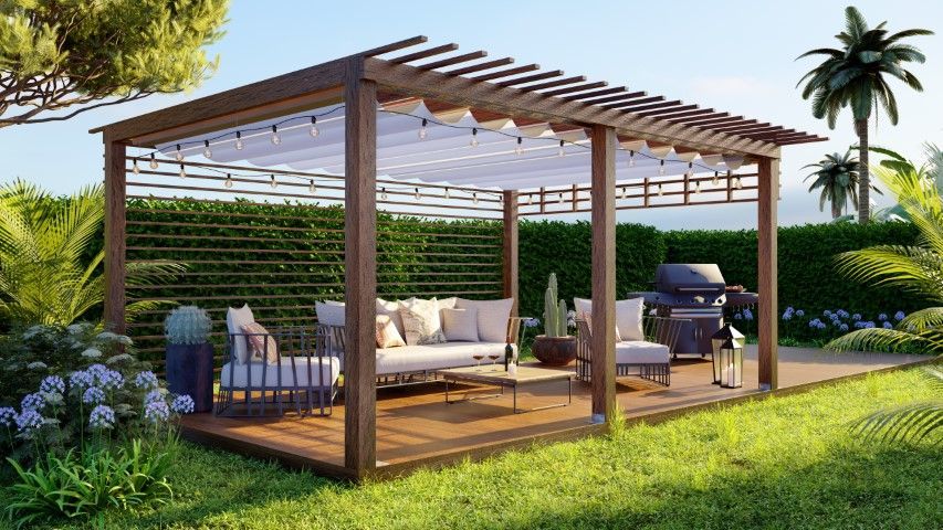 Wooden pergola patio with outdoor seating, grill, and lush green garden surrounds.