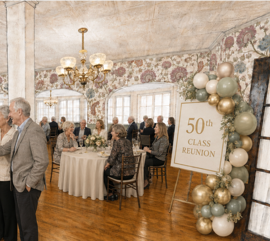 People at a 50th reunion party in the Crystal Dining Room