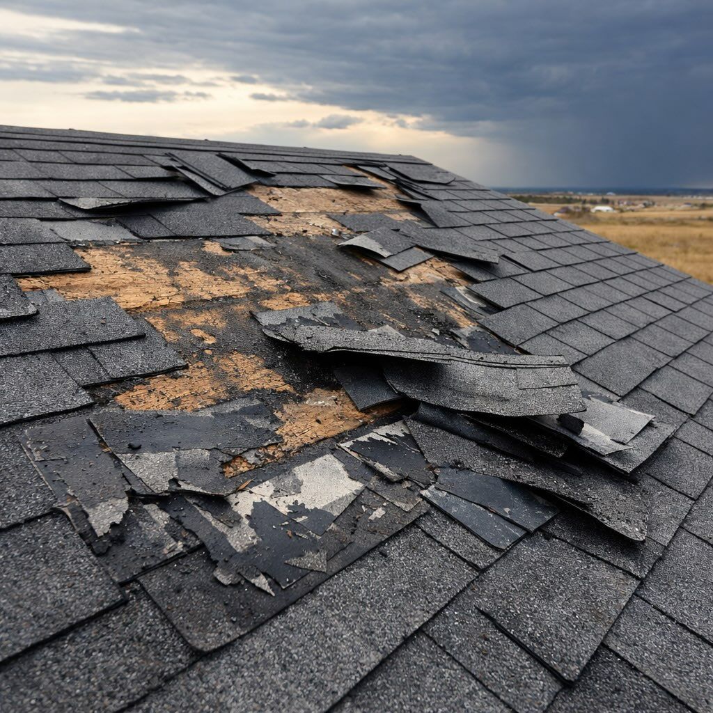 Damaged shingle roof with torn, missing sections and exposed underlayment under cloudy sky
