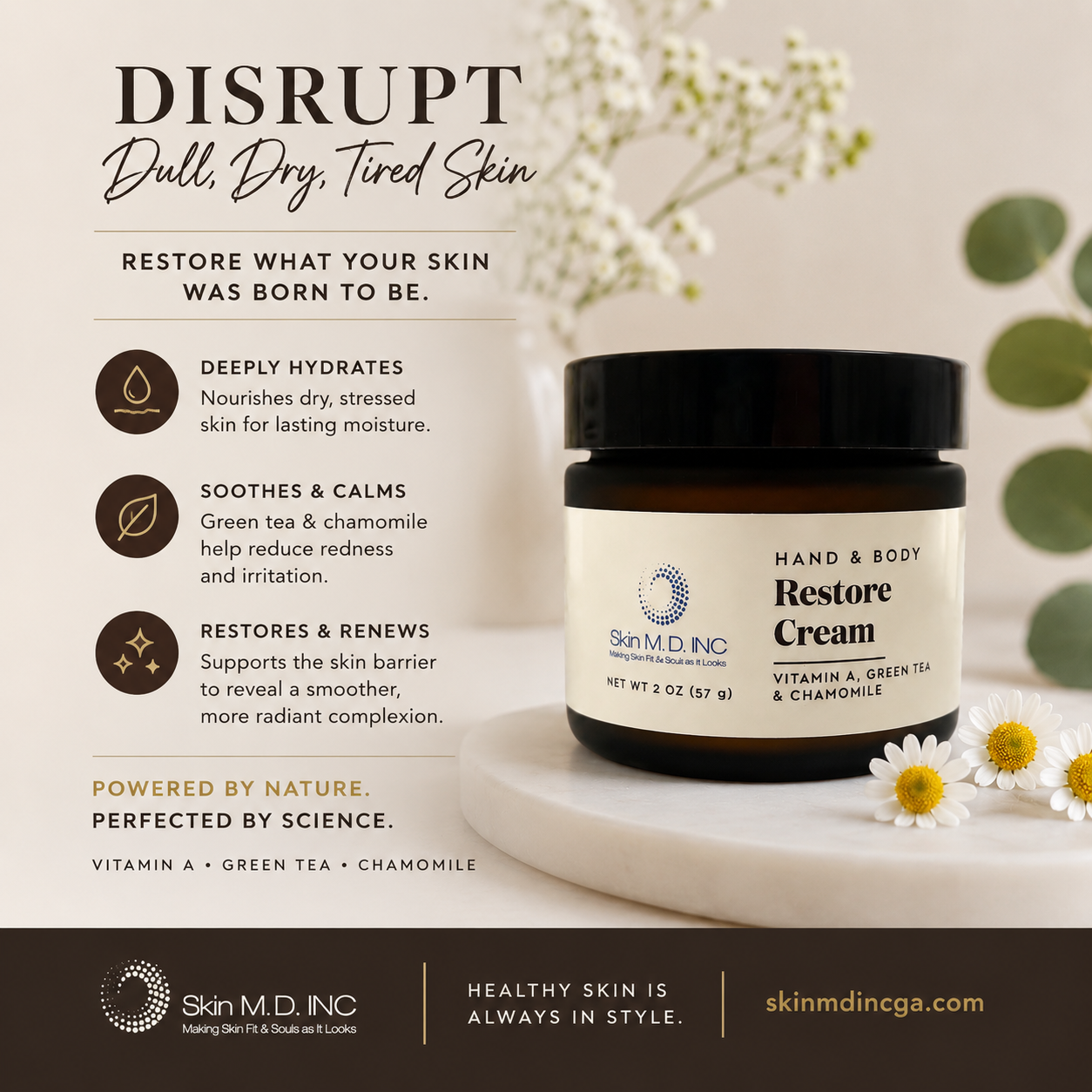 Cream jar skincare ad for dry, tired skin on a beige background with flowers and text about restoring and soothing skin