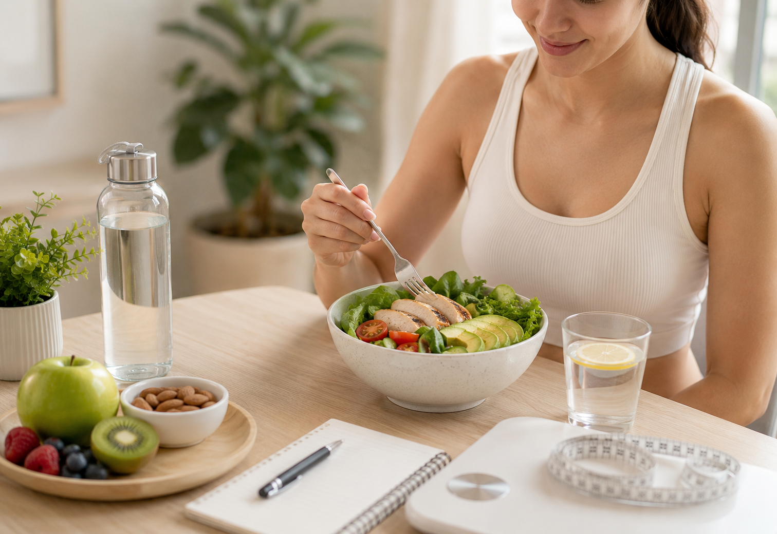 Person eating a salad at a table with water, fruit, and a notebook in a bright room