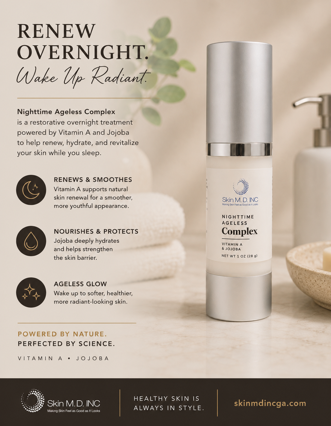 Renew Overnight skincare ad with silver bottle, cream bowl, and text on reducing dark spots and aging.