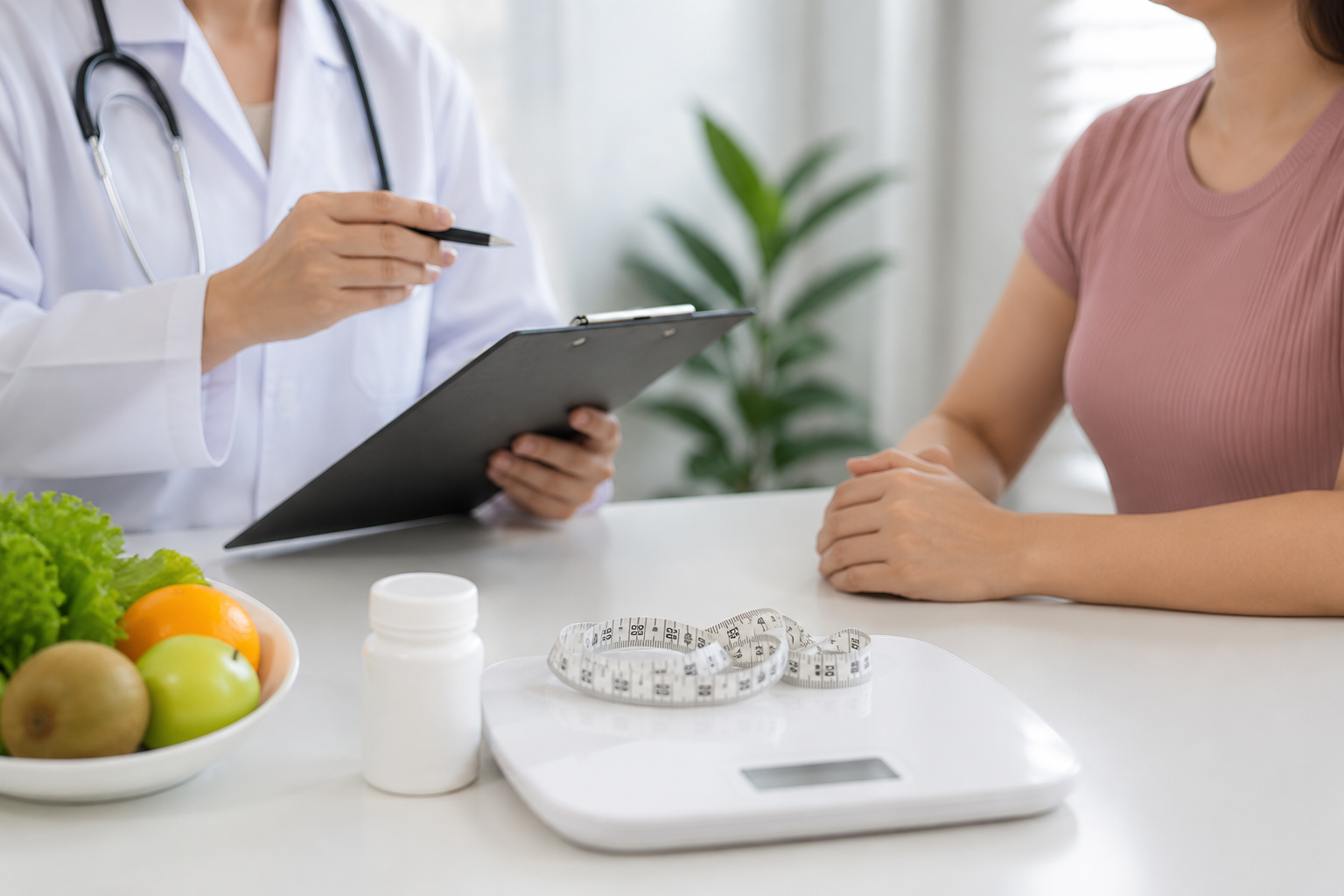 Doctor consulting a patient at a desk with clipboard, scale, and healthy food nearby