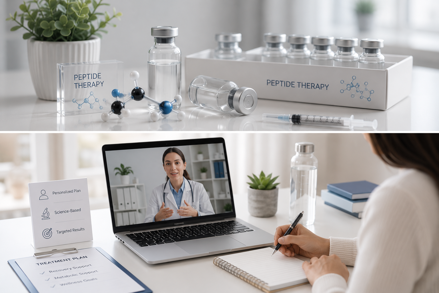 Video consultation with a doctor on a laptop beside a person taking notes; medicine bottles on a desk.