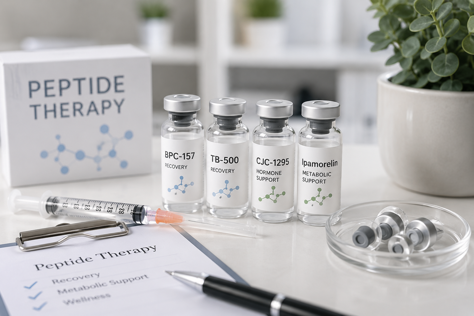Peptide therapy vials, syringe, and paperwork on a bright clinical desk