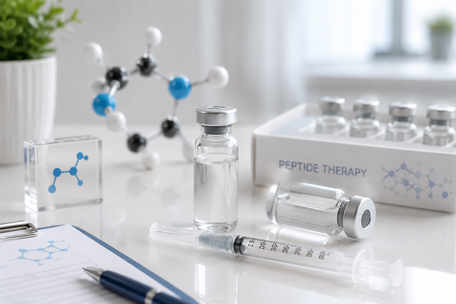 Peptide therapy vials and syringe on a bright white lab desk with molecular model and notebook