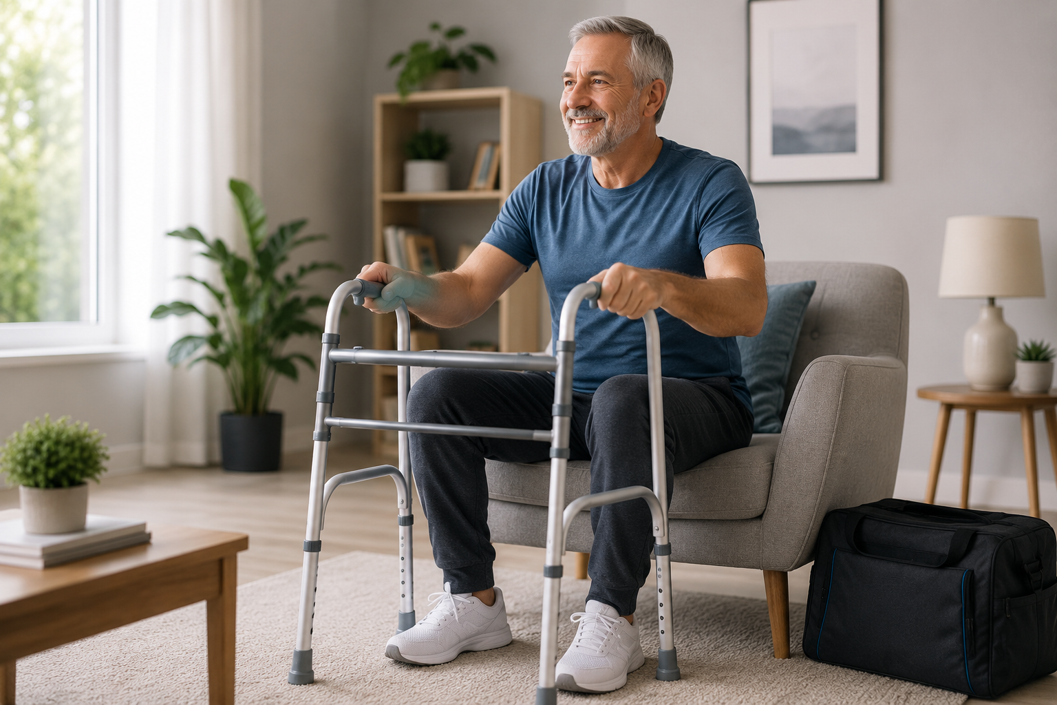 Man smiling while using a walker in a bright living room with a couch, lamp, and indoor plants