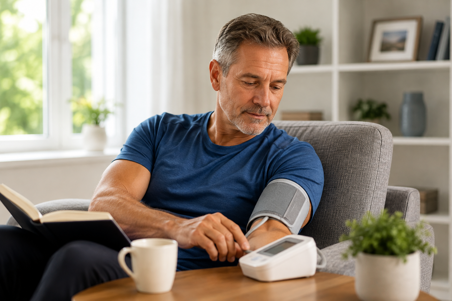 Man taking blood pressure at a table in a bright living room