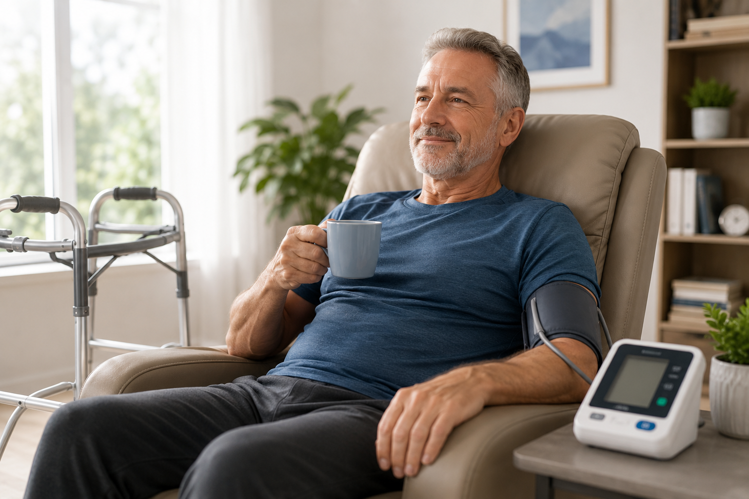 Man sitting in a recliner holding a mug next to a blood pressure monitor in a bright living room