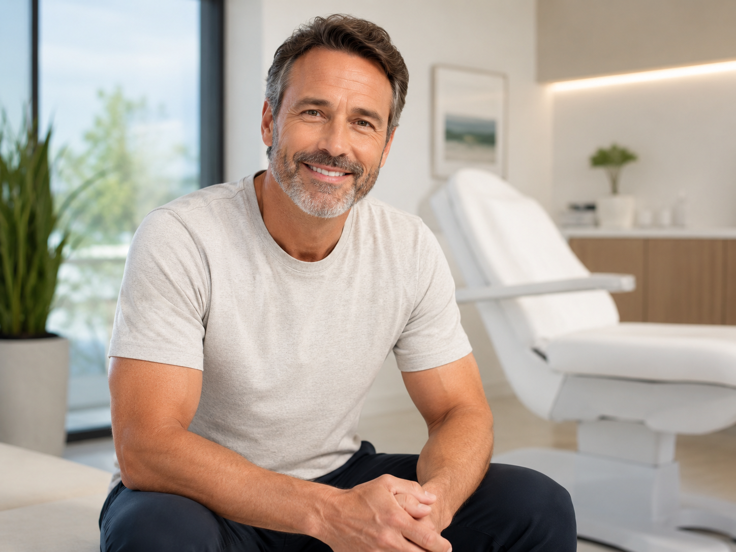 Smiling man in a white T-shirt sitting in a bright dental office waiting room