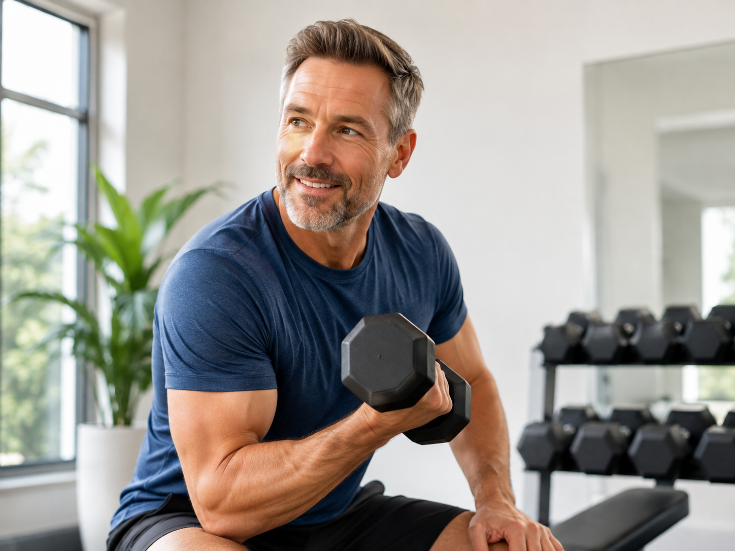 Man lifting a dumbbell in a bright gym, seated on a bench and smiling.