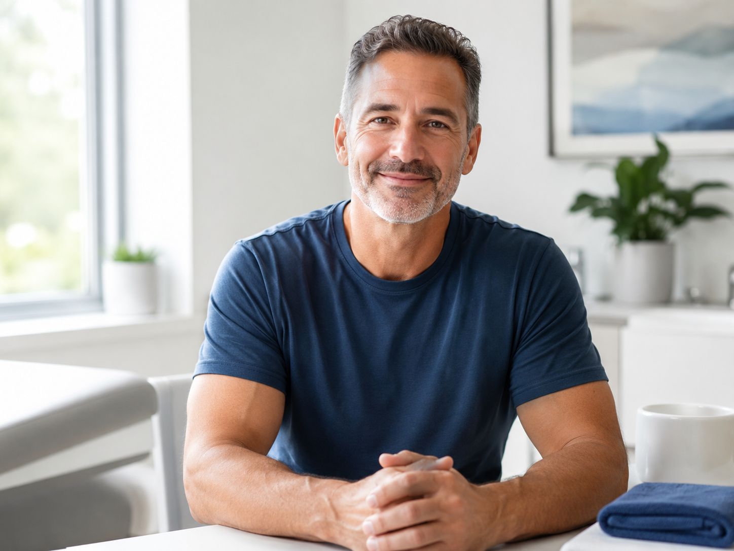 Smiling man in a navy shirt seated at a table in a bright room with a folded towel and coffee mug.