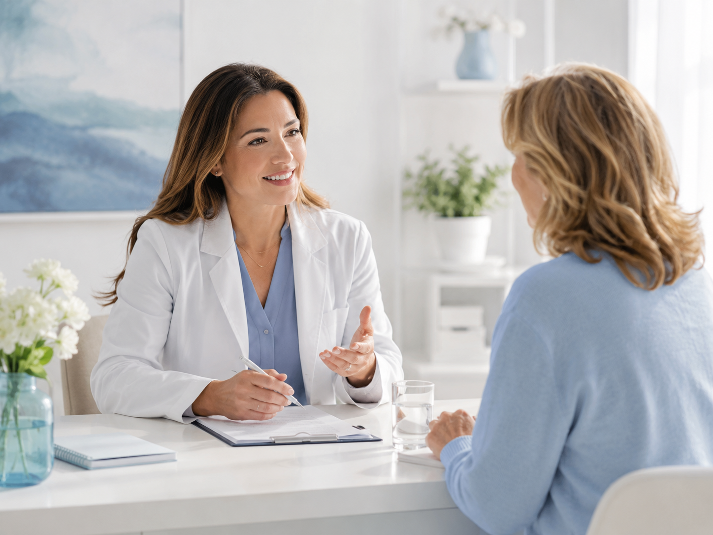 Doctor speaking with a patient in a bright clinic office, seated across a desk.