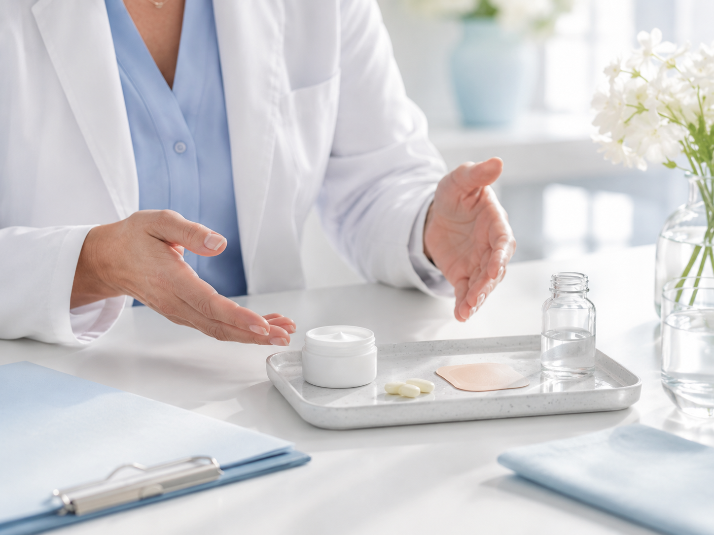 Doctor presenting medication on a tray in a bright clinical office