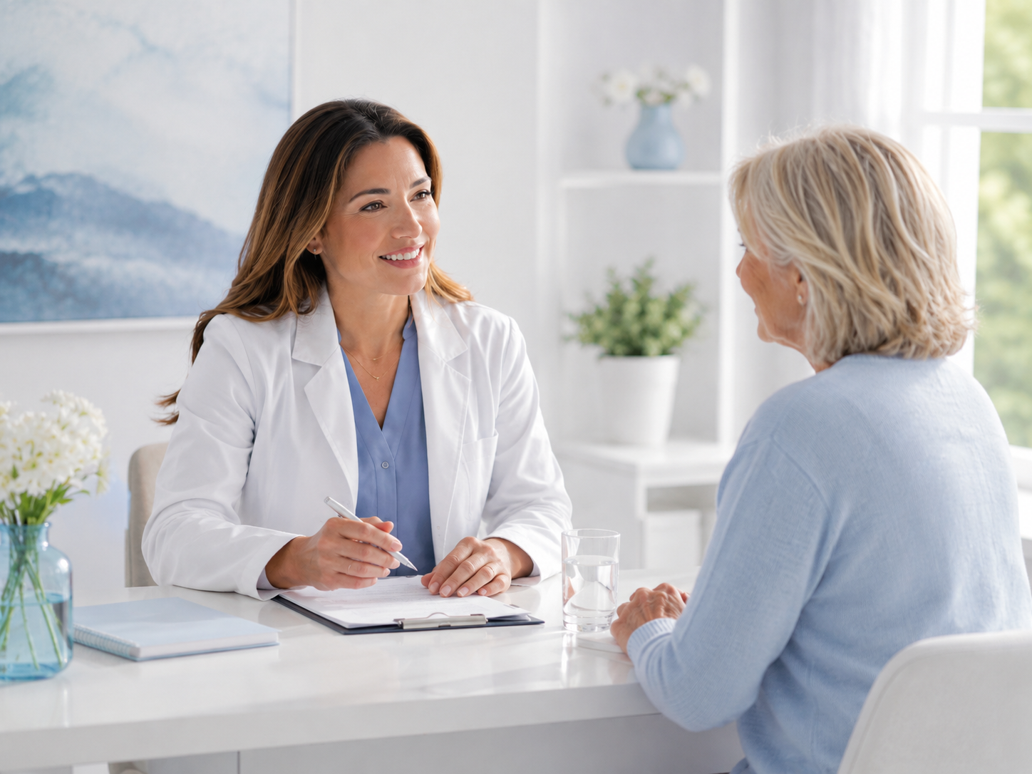 Doctor speaking with a patient across a desk in a bright medical office