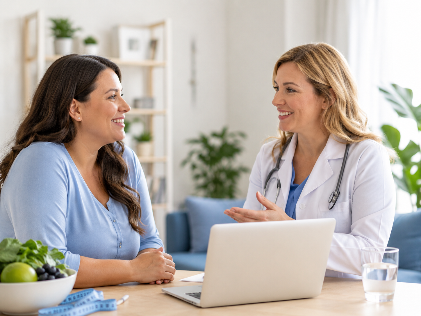 Woman speaks with a doctor at a desk with a laptop in a bright clinic room.