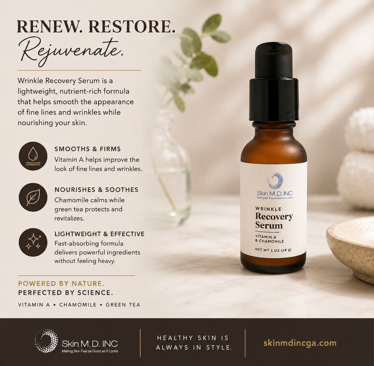 Skincare ad with amber serum bottle and text “Renew. Restore. Rejuvenate.” on a beige background