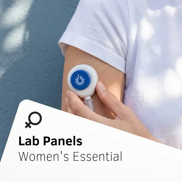 Lab Panels women’s essential logo on a blue background with a person holding a handheld device