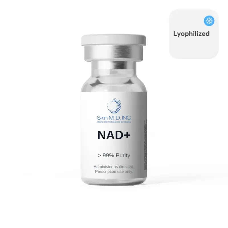 NAD+ lyophilized supplement vial labeled “>99% Purity” on a white background