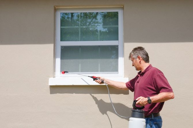 Man spraying insecticide at a windowsill beside a beige house wall