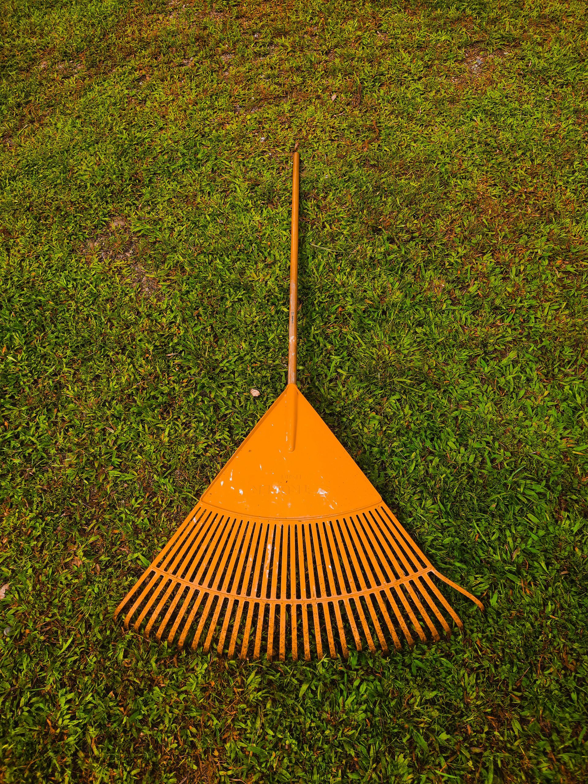 An orange plastic leaf rake lying on green grass.
