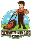 A mascot mowing a lawn with a thumbs up in front of a green circle with the text "CLEARWATER LAWN CARE PROS" below.