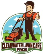 A mascot mowing a lawn with a thumbs up in front of a green circle with the text "CLEARWATER LAWN CARE PROS" below.