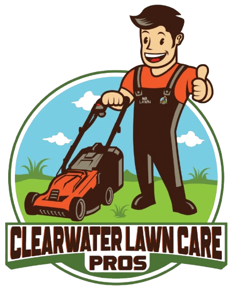 A mascot mowing a lawn with a thumbs up in front of a green circle with the text "CLEARWATER LAWN CARE PROS" below.