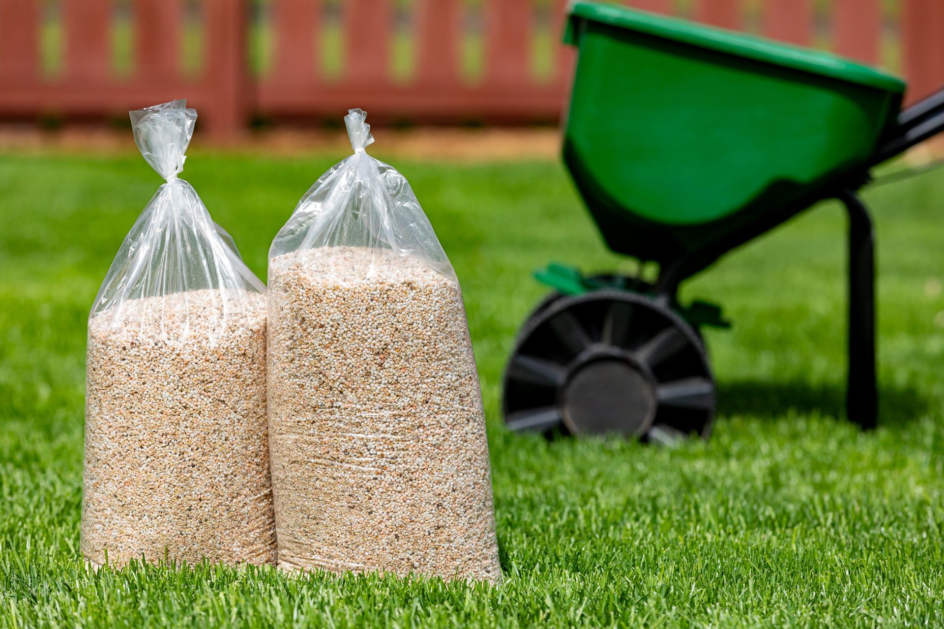 Two clear plastic bags filled with light brown mulch or seeds sit on a green lawn beside a green garden spreader.