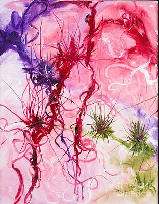 A painting of a bunch of flowers on a pink background.