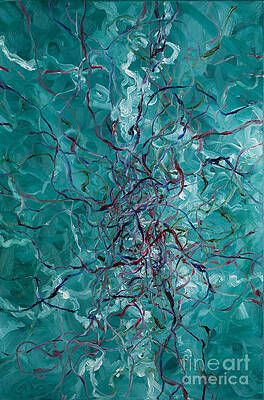 It is a painting of a turquoise background with a lot of lines.