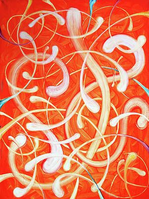 A painting of white swirls on a red background.