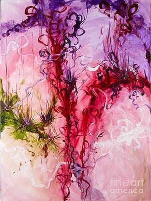 A close up of a painting of flowers on a canvas.