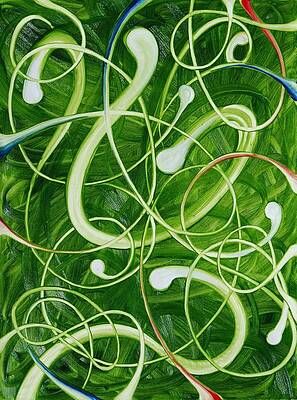 A close up of a painting of a green background with swirls and leaves.