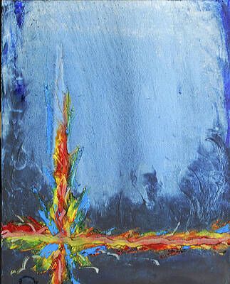 A colorful painting of a tree with a blue sky in the background.