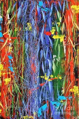 A close up of a colorful painting of a waterfall.