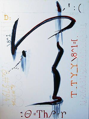 A close up of a painting of a letter t on a white background.