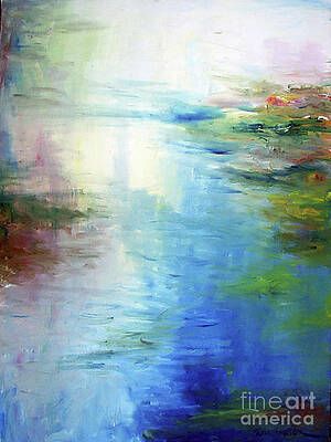 It is a painting of a river with trees in the background.