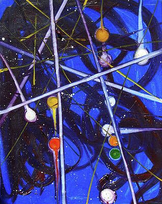 A painting of a ferris wheel with a blue background